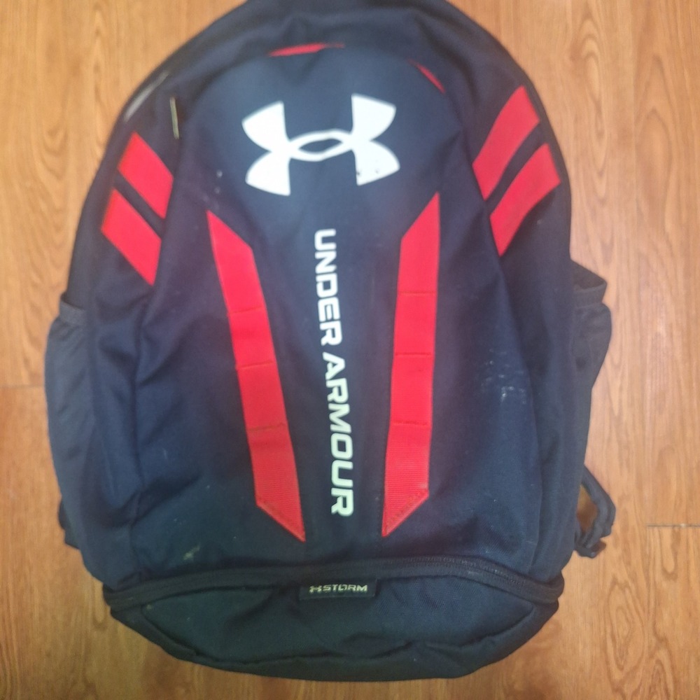 Under Armour Hustle 5.0 Storm Backpack Navy Blue Red Laptop Bag Athletic Gym